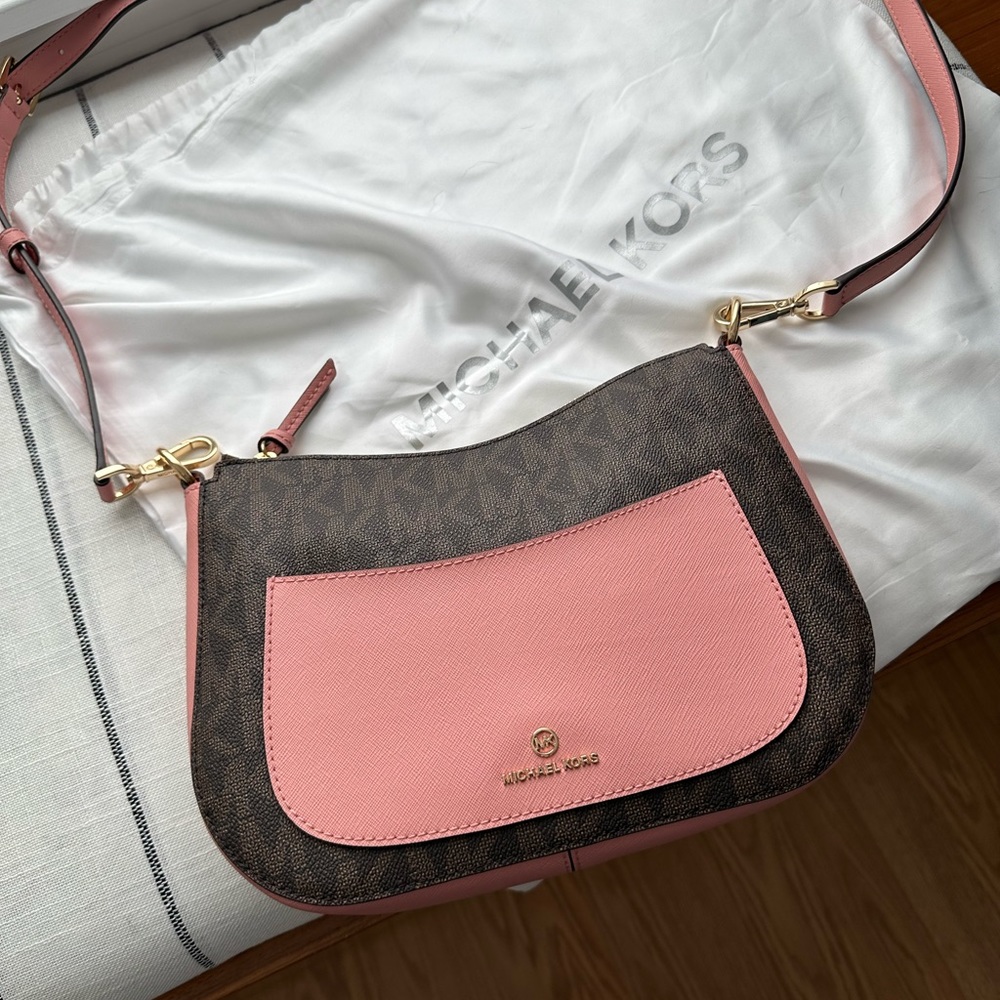 Michael Kors monogram coated canvas & saffiano leather adjustable crossbody bag